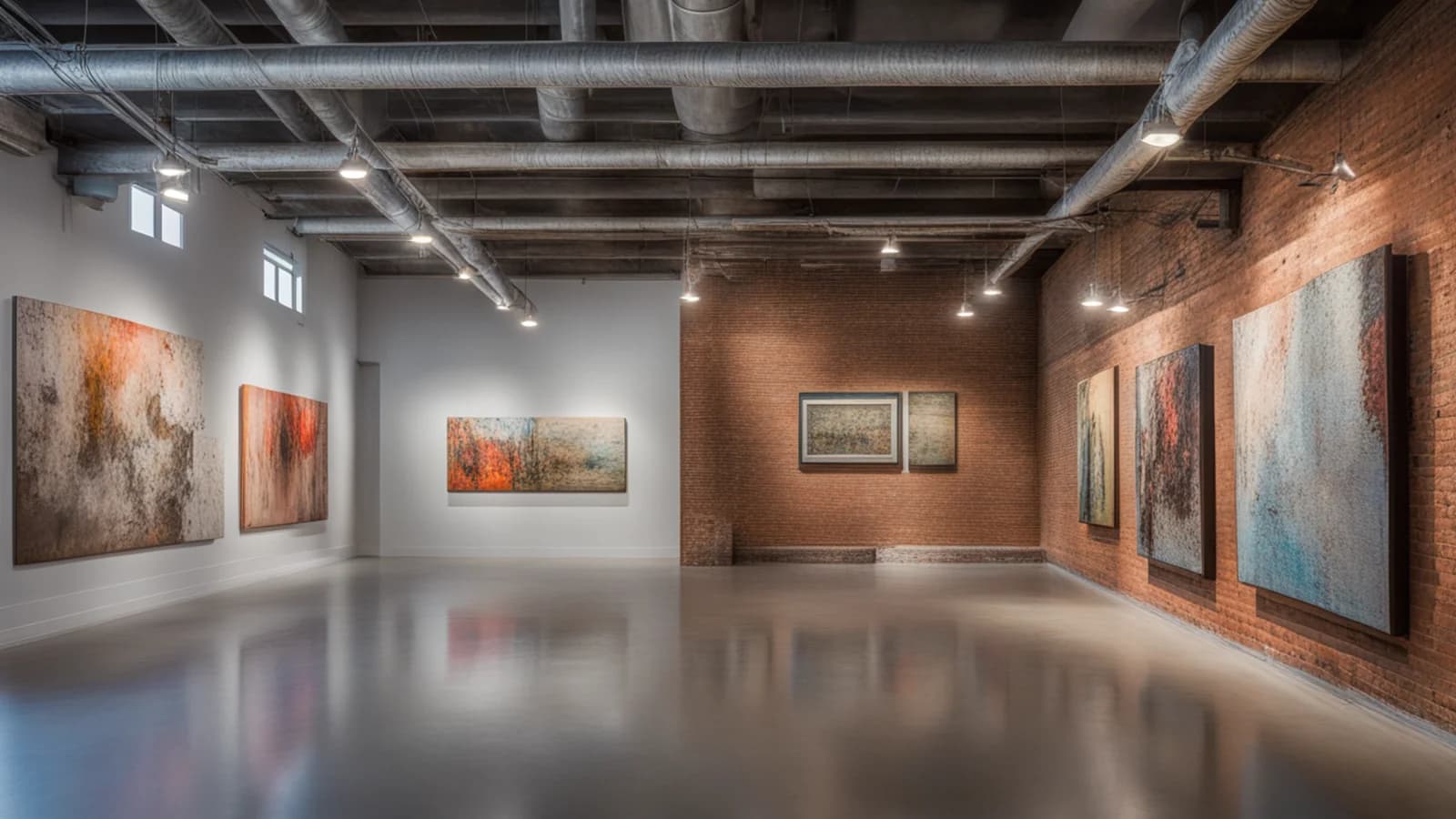 An empty gallery with large abstract paintings on white and brick walls under exposed ductwork and spotlights. AI-generated scene.