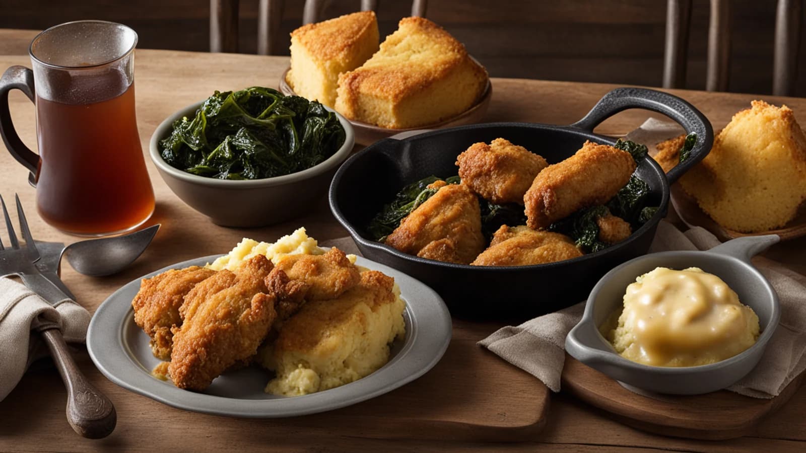 Fried chicken, collard greens, cornbread and mashed potatoes on a wooden table